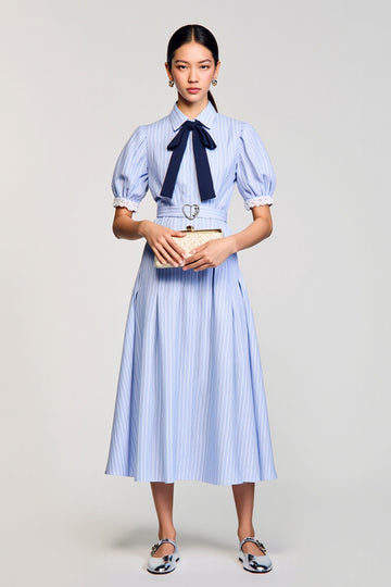 Blue A Line Cotton Striped Wedding Guest Dress